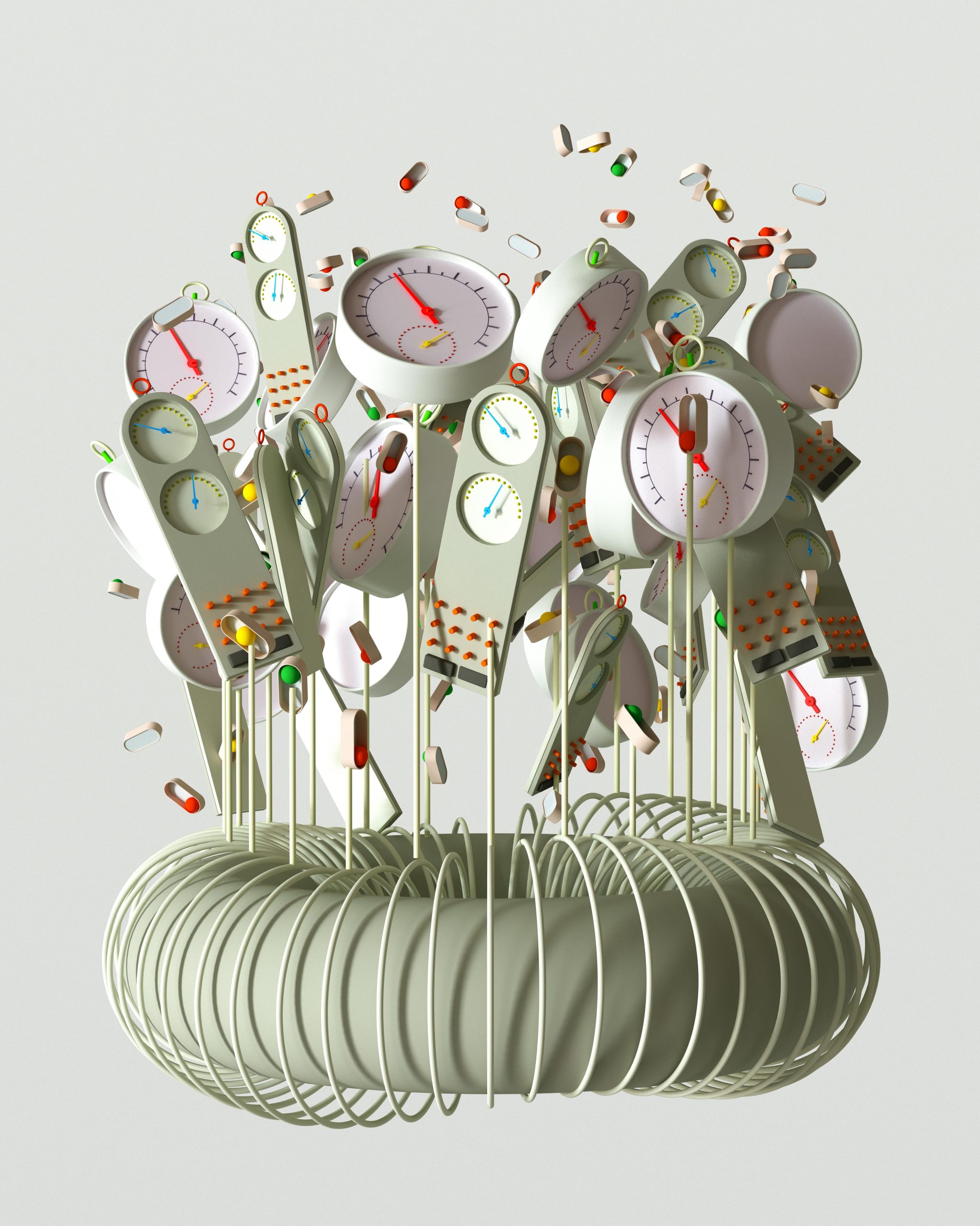 Abstract illustration symbolizing AI-assisted control systems for fusion energy, featuring pressure dials and floating capsules in a circular bloom structure.